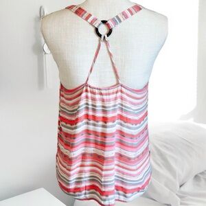 Pastel Peach Gray White Striped O-Ring Crisscross Back Tank Top - Women’s Small